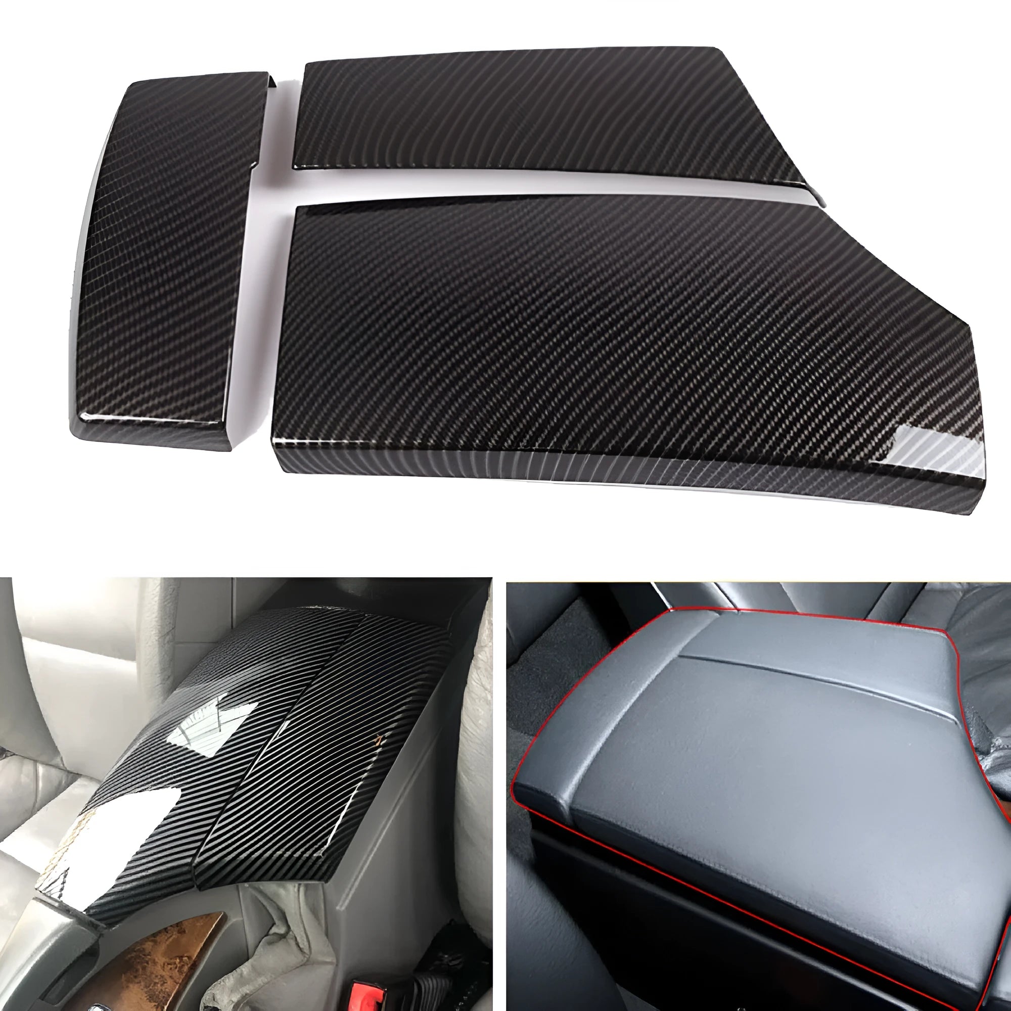 Three black ABS armrest box protective covers with a shiny carbon fibre weave pattern.