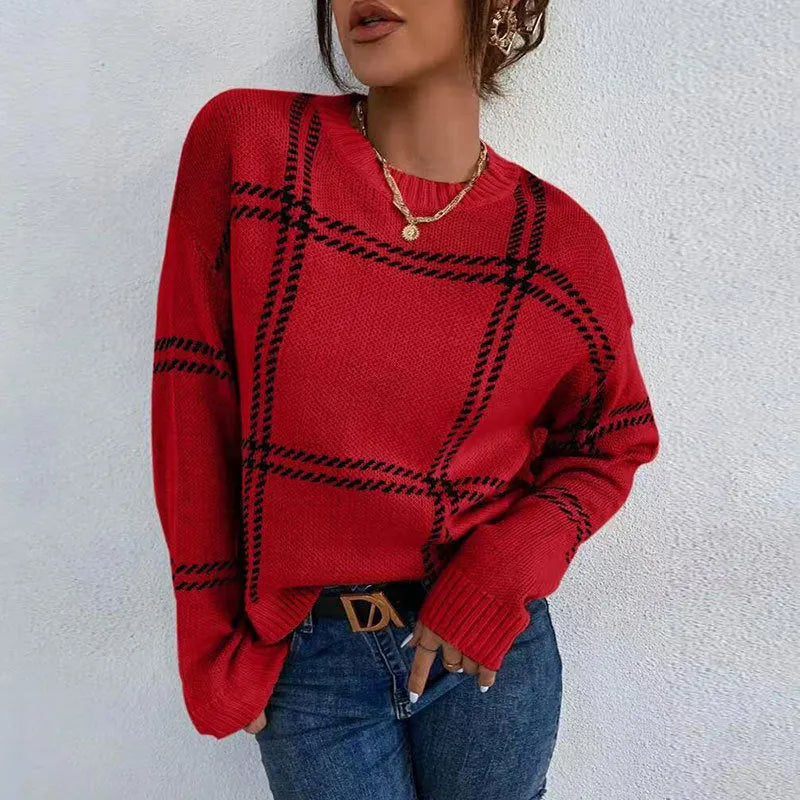 Women's plaid colour-block acrylic sweater with loose fit and crew neck