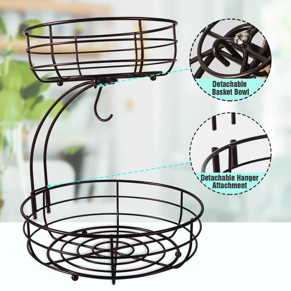 Wrought iron double-layer fruit storage basket in black or gold colour.