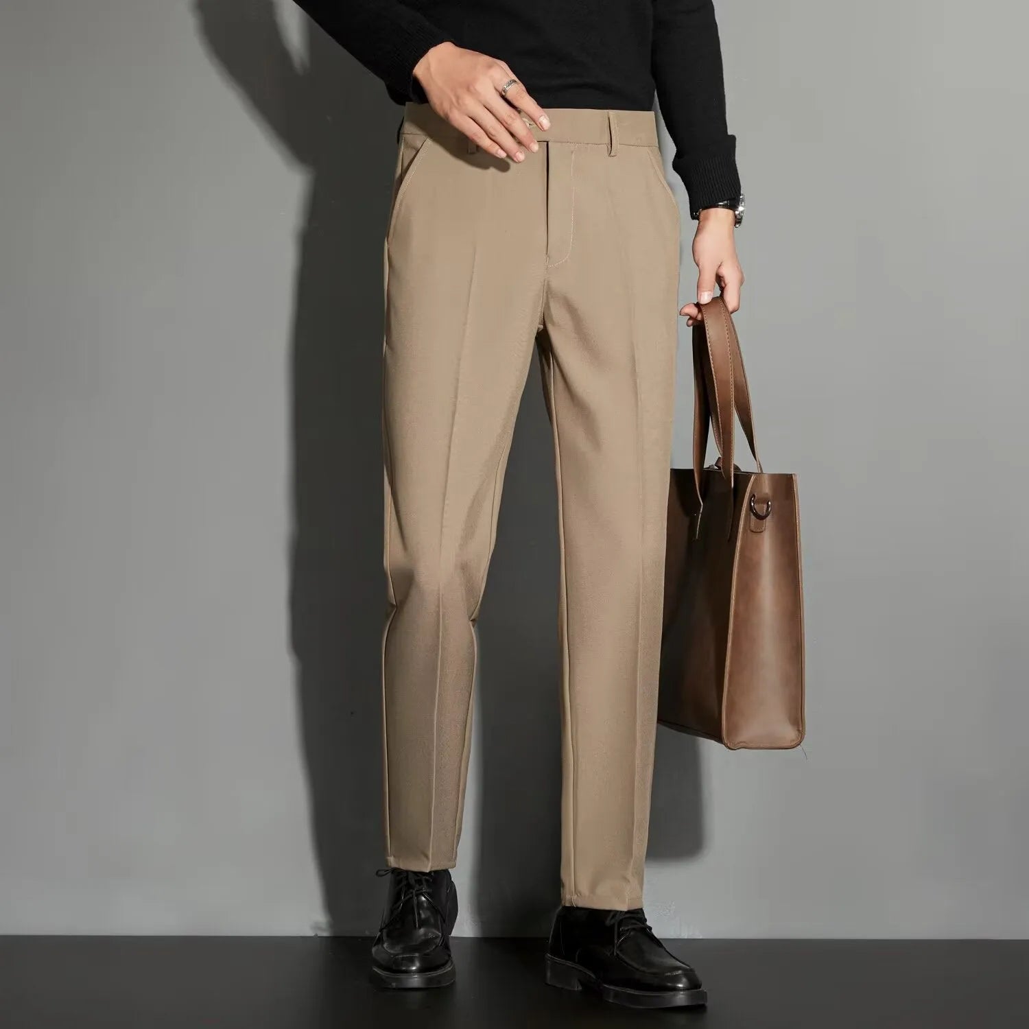 Men's straight leg suit trousers in polyester blend fabric with ankle-length cut