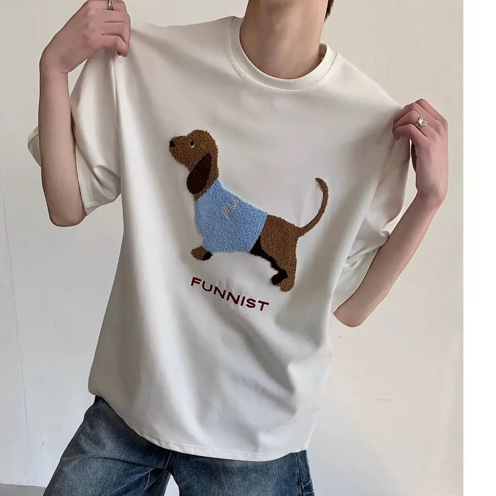 Mens grey cotton T-shirt with embroidered sausage dog towel design on front.