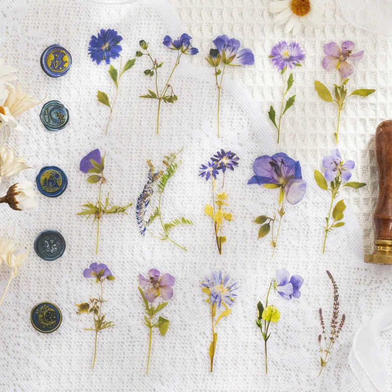 Eight styles of dried flower journal stickers in Dark Night Purple, rose nebula and other colours at 70mm size