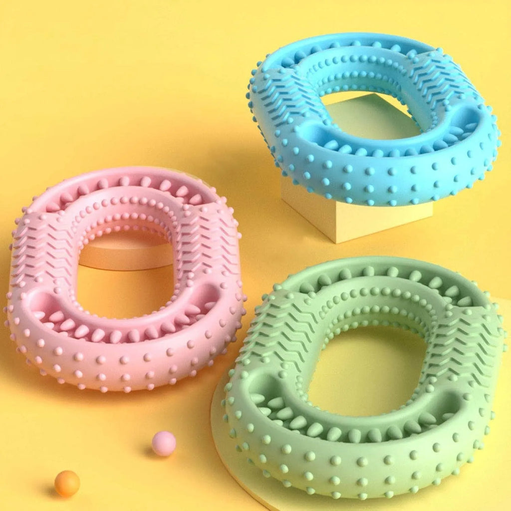 Blue O-ring shaped dog chew toy for aggressive chewers with dental cleaning benefits