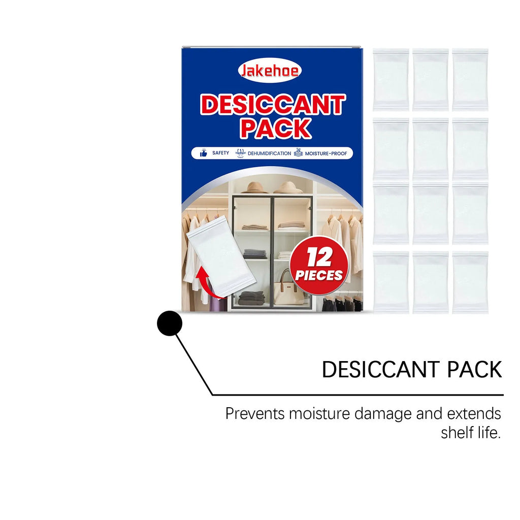 Pack of 12 anti odor desiccant units for household moisture control with calcium chloride.