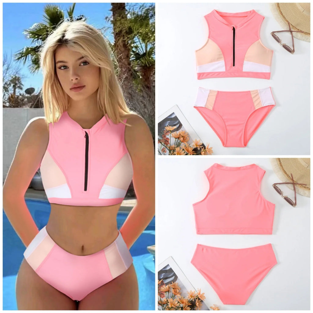 Pink high waist split bikini swimsuit with seamless briefs design on mannequin