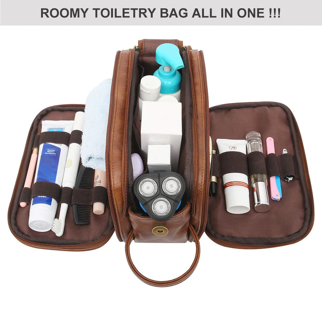 Men's black or brown PU toiletries bag with zipper closure for travel cosmetic storage