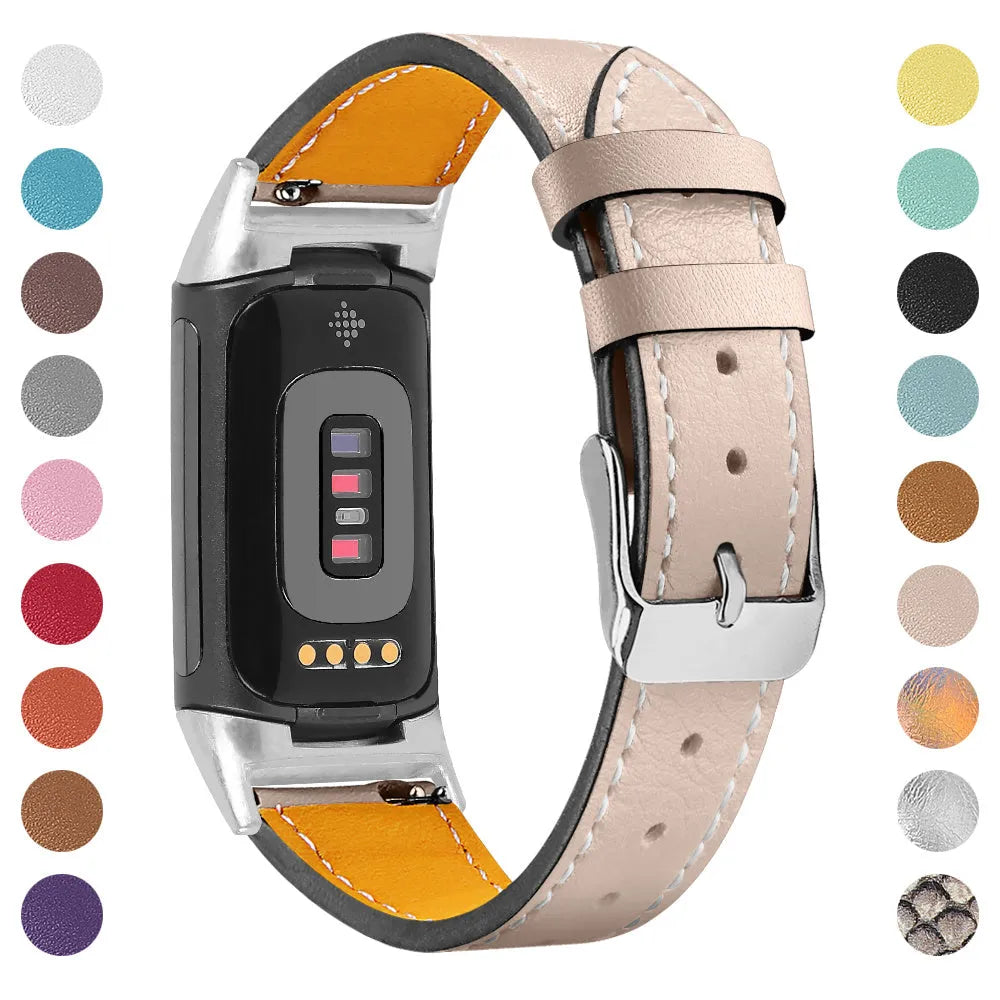 Genuine cowhide leather replacement strap with buckle clasp for Fitbit Charge 5 and Charge 6 smartwatches.