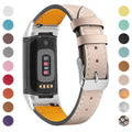 Genuine cowhide leather replacement strap with buckle clasp for Fitbit Charge 5 and Charge 6 smartwatches.