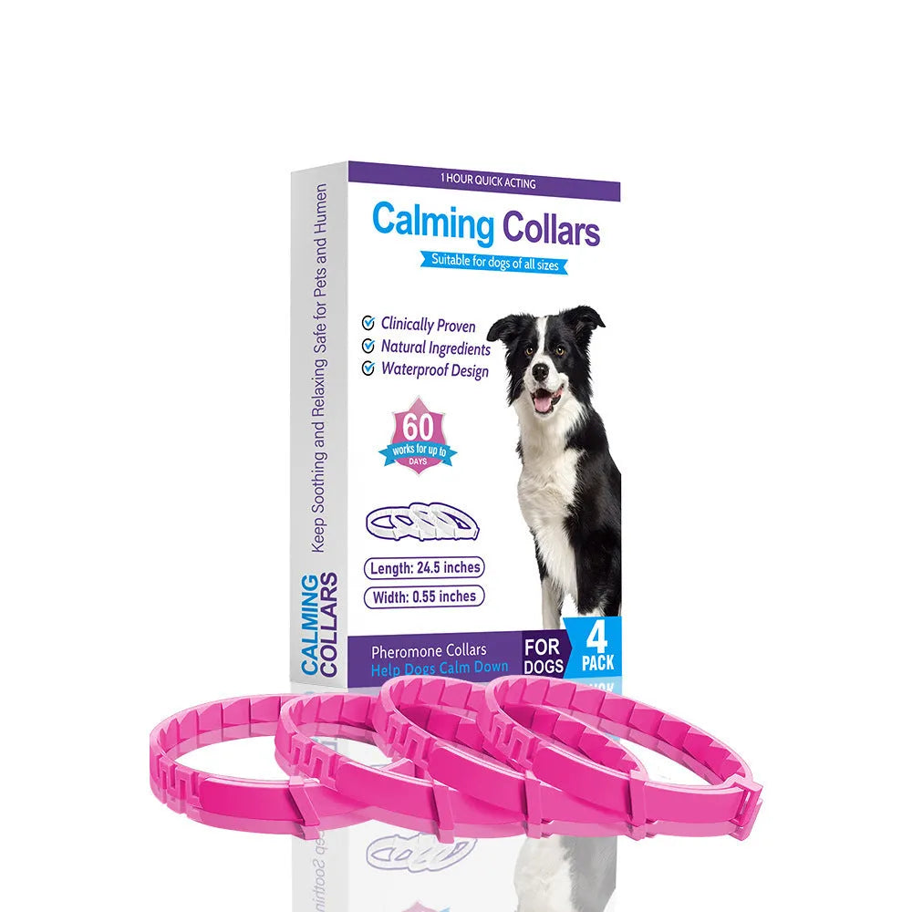 Set of four monochrome TPR dog anxiety soothing collars in Chinese style, 62cm length, available in black, blue, gray, orange, pink, and purple.