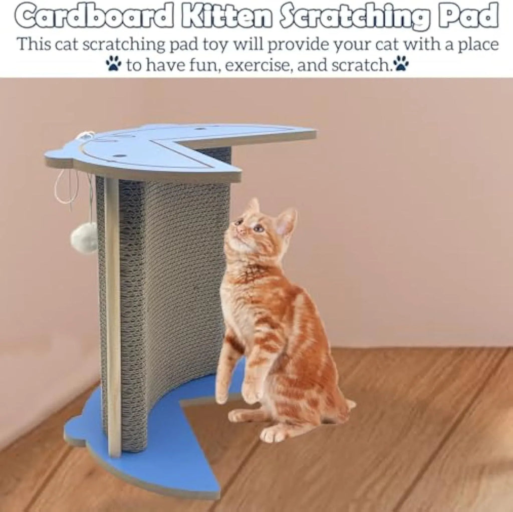 Grey cardboard cat scratching pad in a room corner with a hanging ball attached.