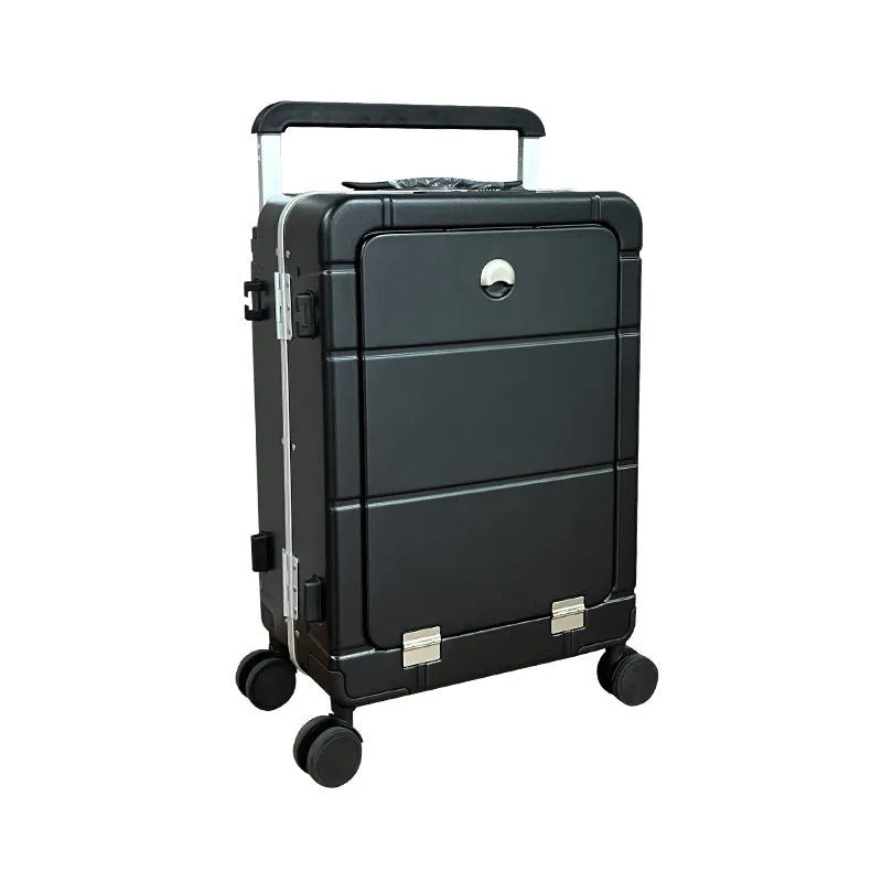 20-inch front opening hard-shell suitcase in black showing wet-dry separation compartment and universal wheels.