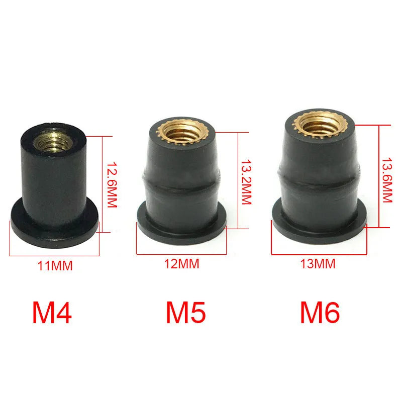 Black rubber expansion nut fasteners with brass inserts for motorcycle modifications in M4, M5, M6 sizes