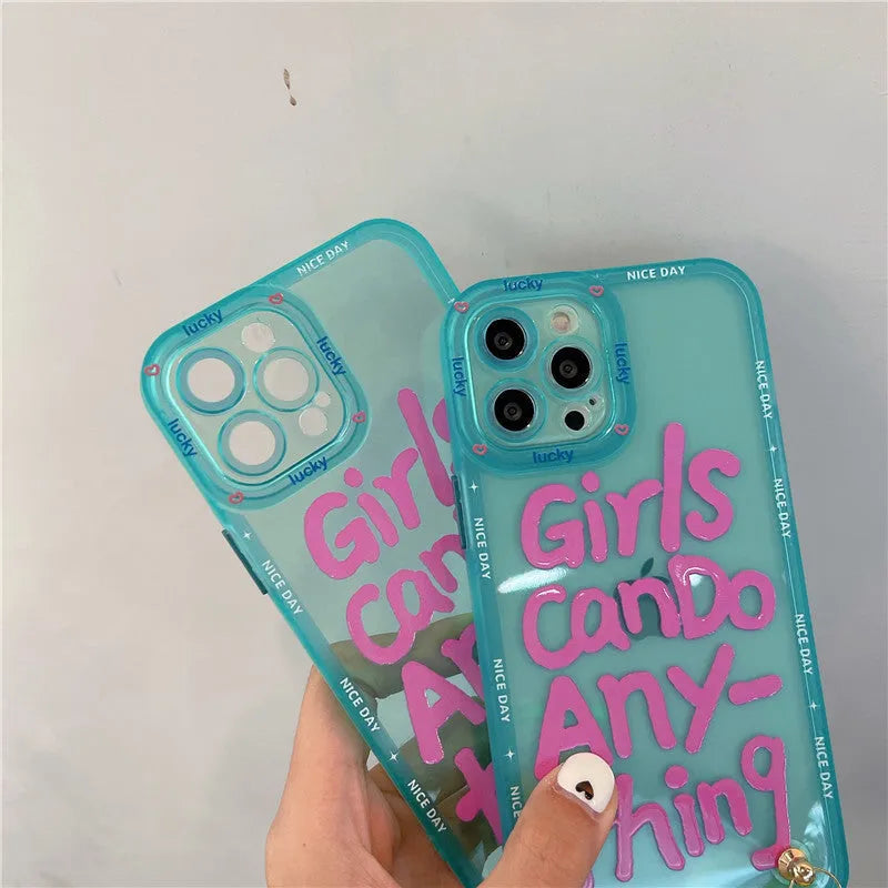 Mint green graffiti personalised iPhone case with painted animal design and attached black lanyard.