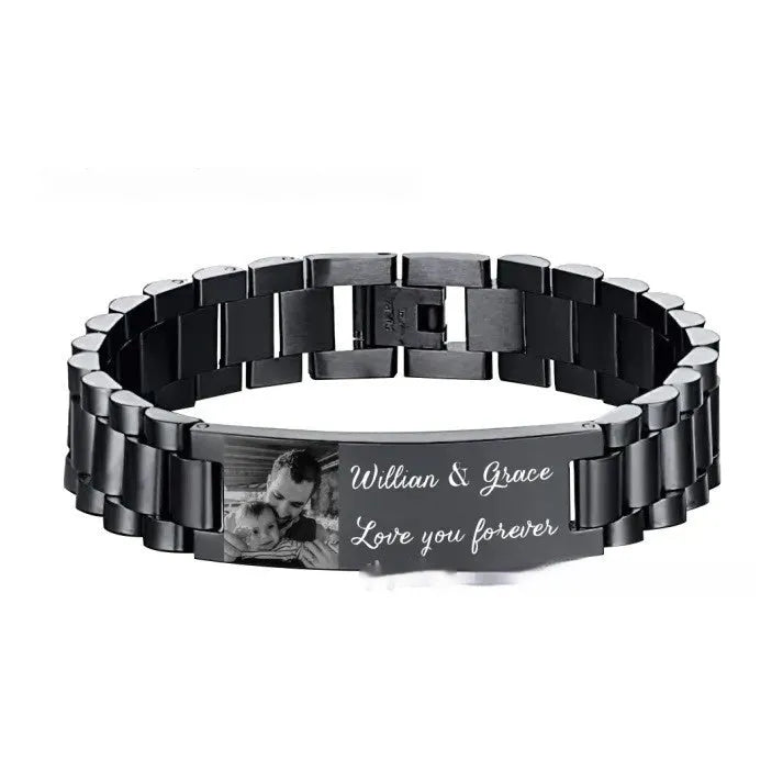 Titanium steel men's bracelet with curved heart shape and black lettering in UV picture gift box