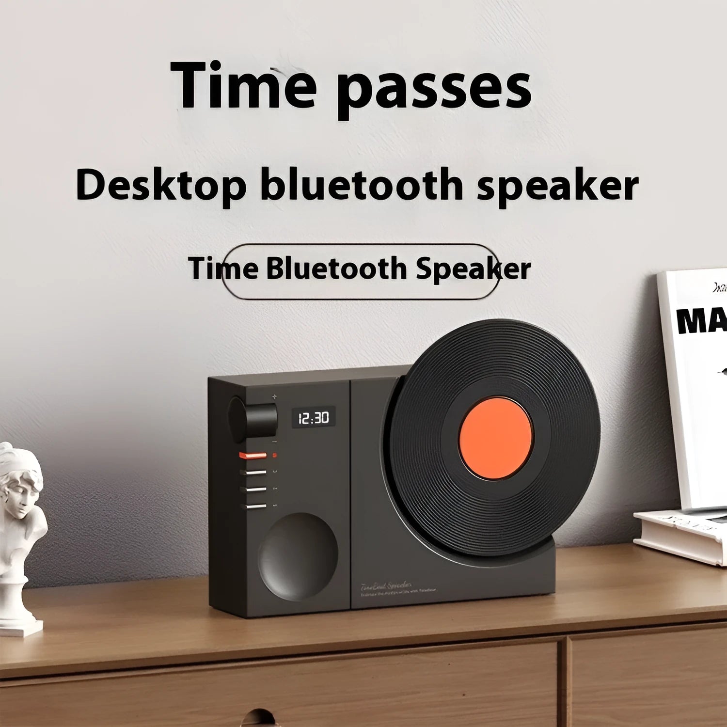 Mini Bluetooth speaker in Obsidian Black, Ivory White, Coral Pink, or Plum Green colours with USB charging port
