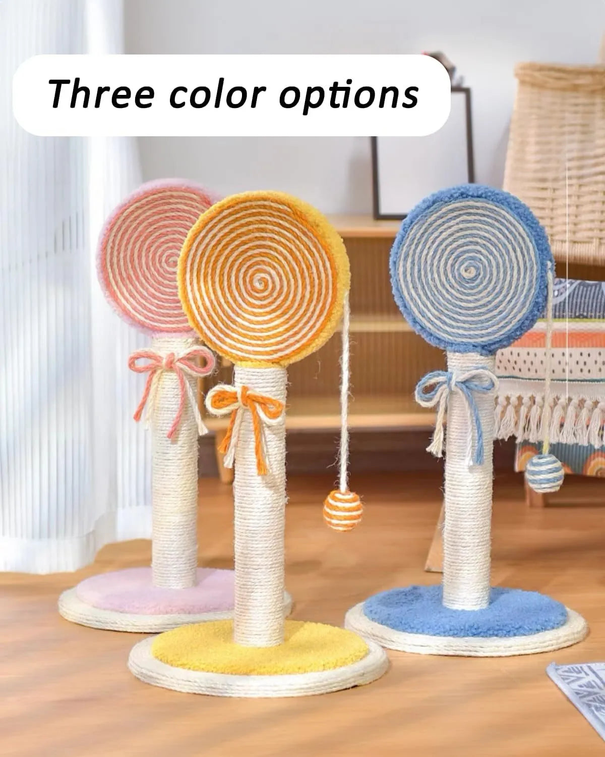 Blue cat scratching post with sisal rope, hanging ball toy, and a sturdy wooden base