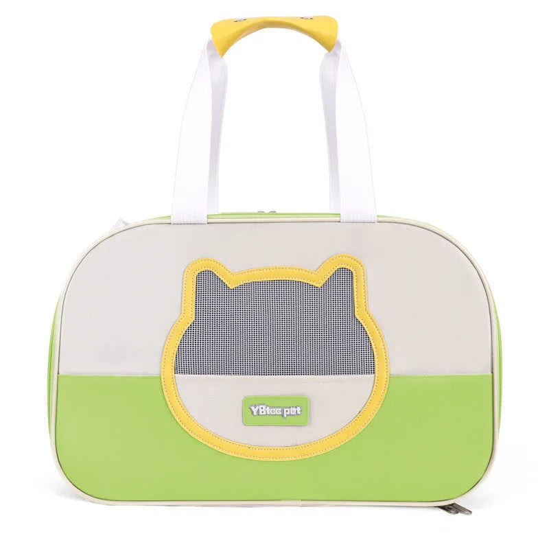 Blue foldable cat backpack made from Oxford cloth, shown with ventilation and shoulder straps.