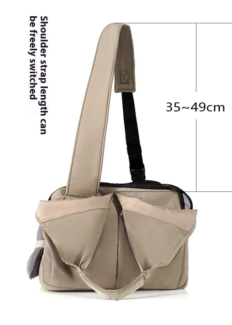 Apricot cloth pet carrier handbag showing 41x16x28cm dimensions and carrying handles