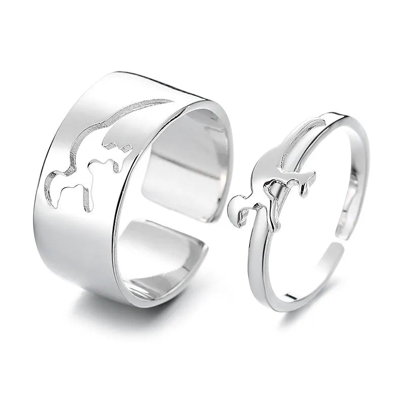 Adjustable copper couple rings with bow and heart design, electroplated in gold or silver, two-piece unisex set