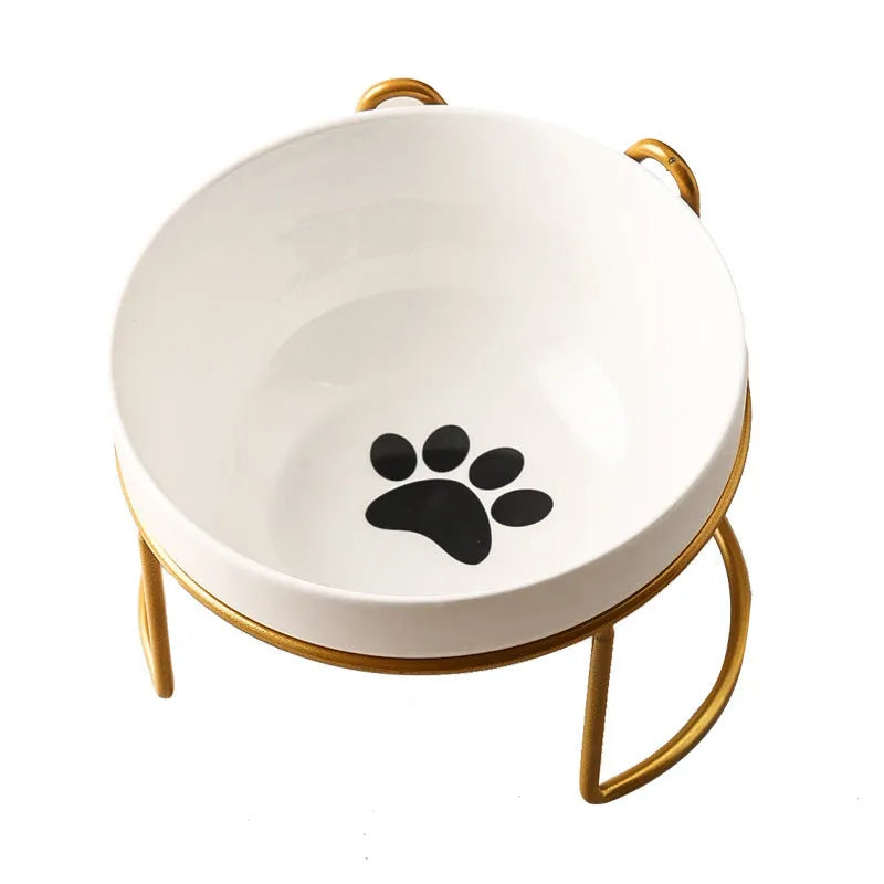 White ceramic pet bowl with cat footprints pattern in black iron cat ear frame