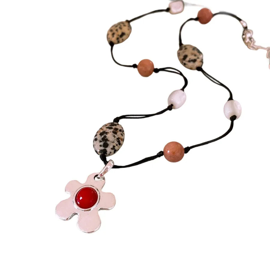 Stone shell beaded flower pendant necklace on electroplated alloy chain with adjustable 51-60cm length