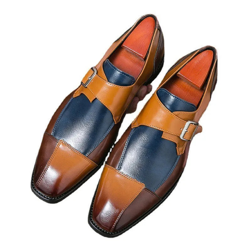 Men's brown blue and black retro buckle leather shoes with a tall high upper
