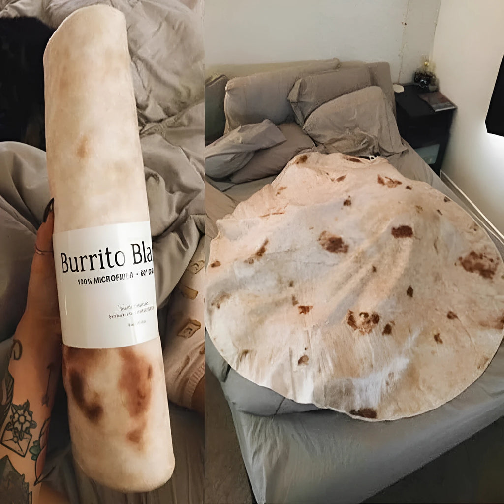 Round burrito blanket with coral fleece texture and food-themed print