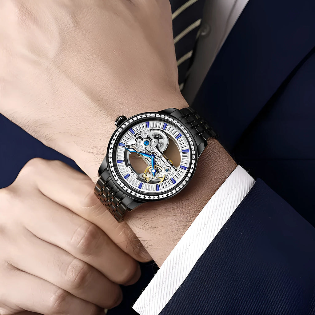 Men's waterproof mechanical watch with zircon detailing on wrist showing stainless steel butterfly buckle