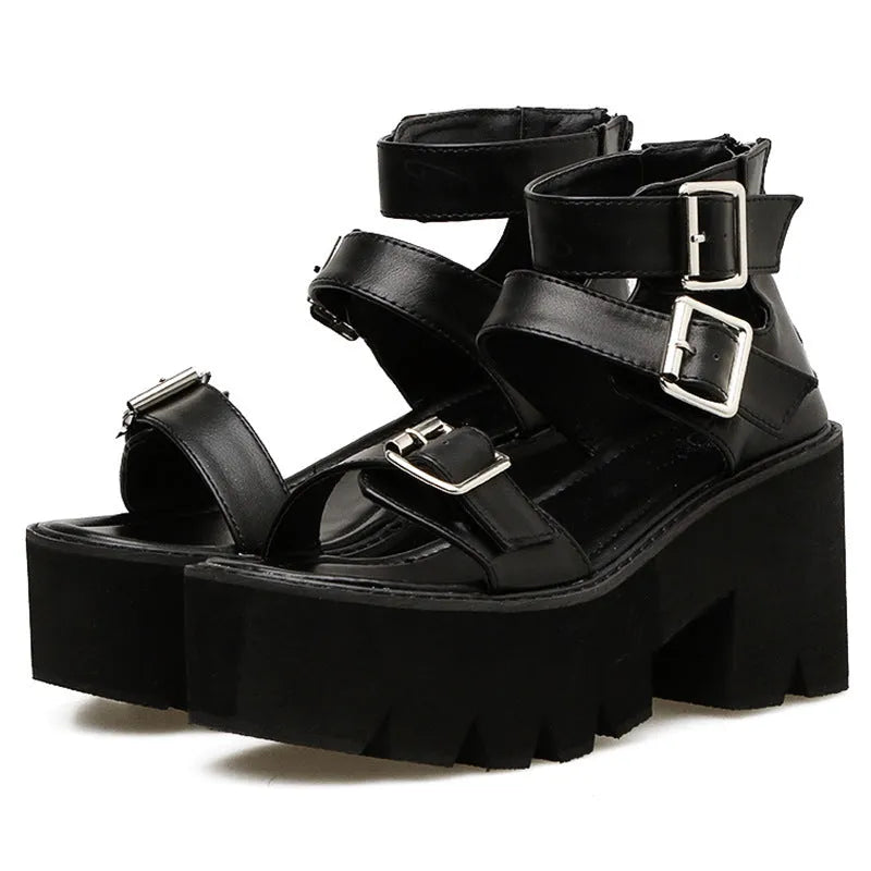 Black punk Harajuku style women's sandals with a chunky platform heel, round toe, buckle, and back zipper.
