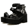 Black punk Harajuku style women's sandals with a chunky platform heel, round toe, buckle, and back zipper.