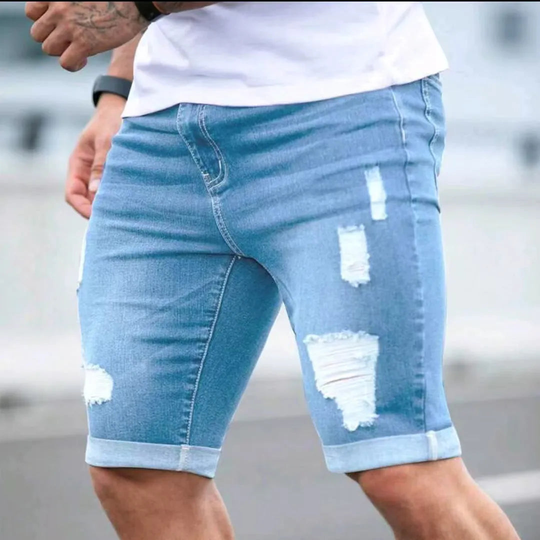 Sky blue men's denim shorts with distressed holes, low waist, and straight leg.