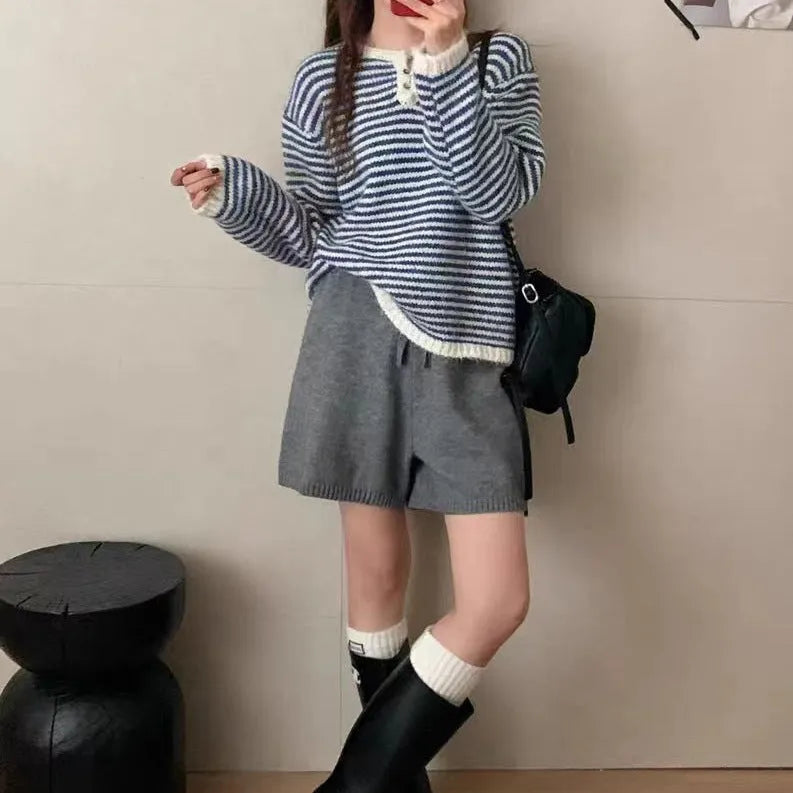 Red and blue striped cashmere pullover sweater for women with loose fit and long sleeves
