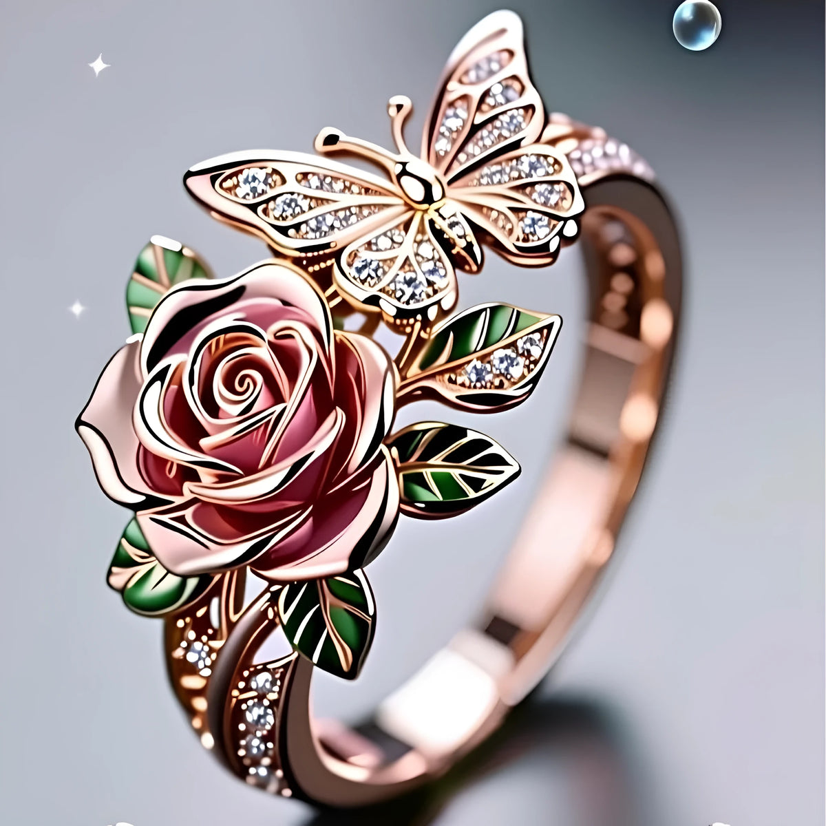 Colourful oil treatment fairy style ring with adjustable alloy construction showing flower, insect and leaf modelling