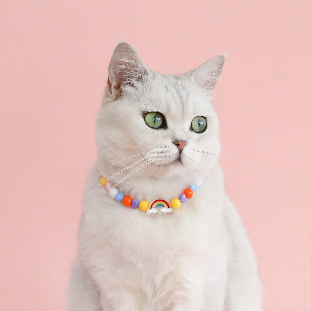 Colourful plastic pearl pet necklace for cats with adjustable sizing in rainbow, peach, and small flower patterns