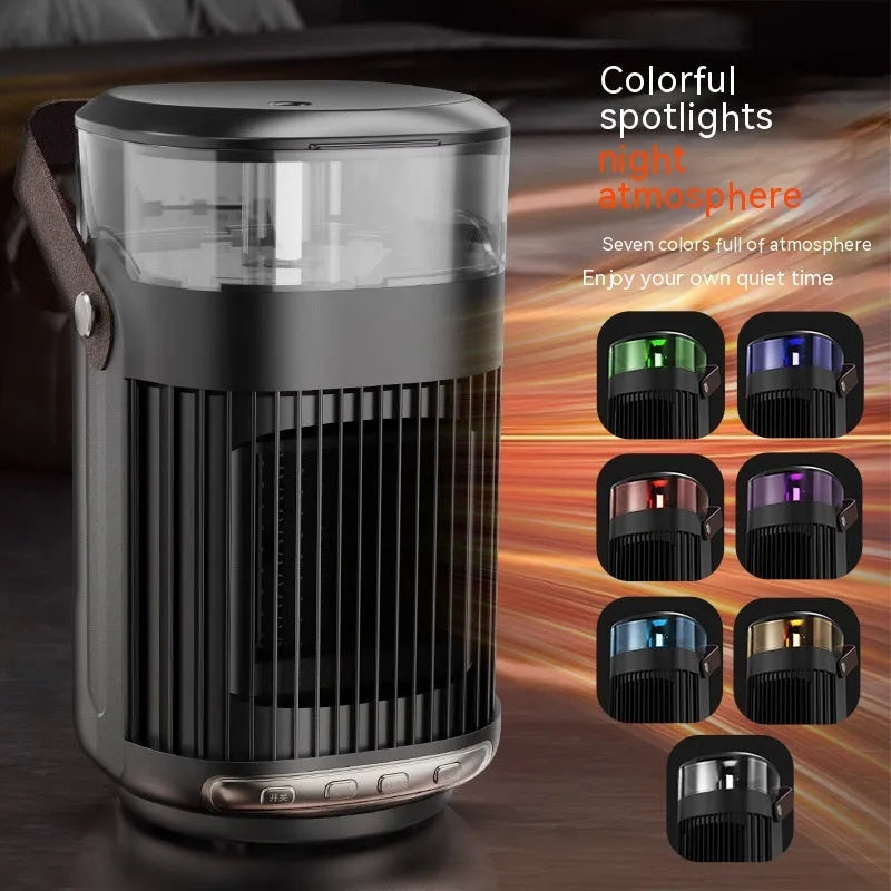 Black portable PTC heater with humidifier, showing front control panel and compact design.