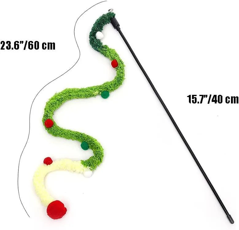 Colourful cat wand toy with plush strip and bell ball on 41cm pole