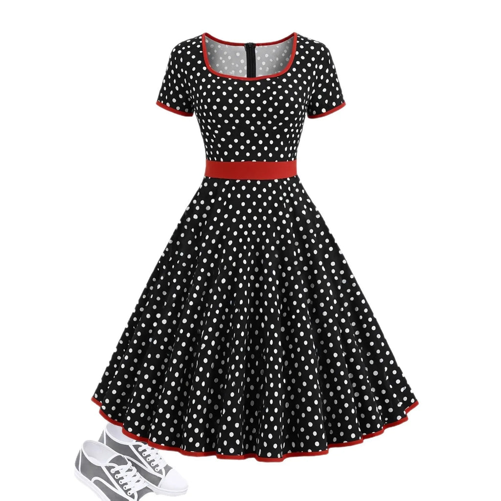Multicolour polka dot pleated dress with square collar and short sleeves.