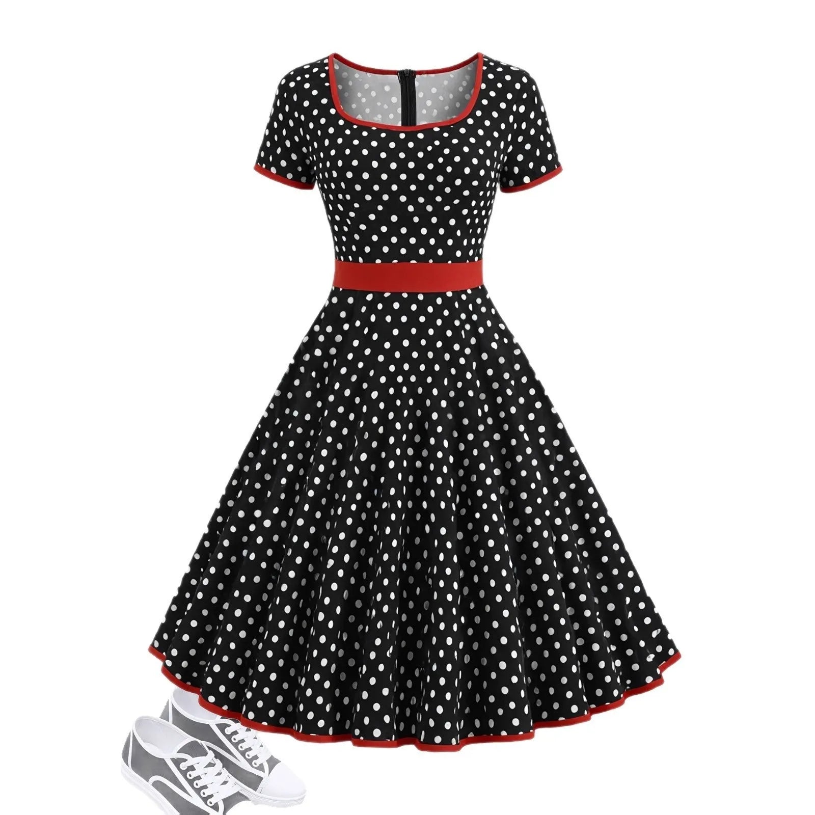 Multicolour polka dot pleated dress with square collar and short sleeves.