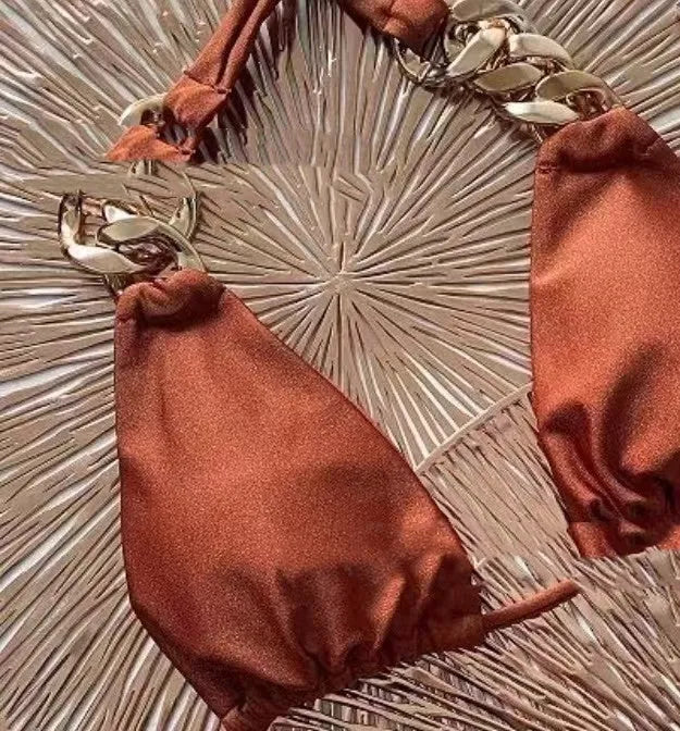 Brown tube top bikini set with ring tether and push up design for women swimming