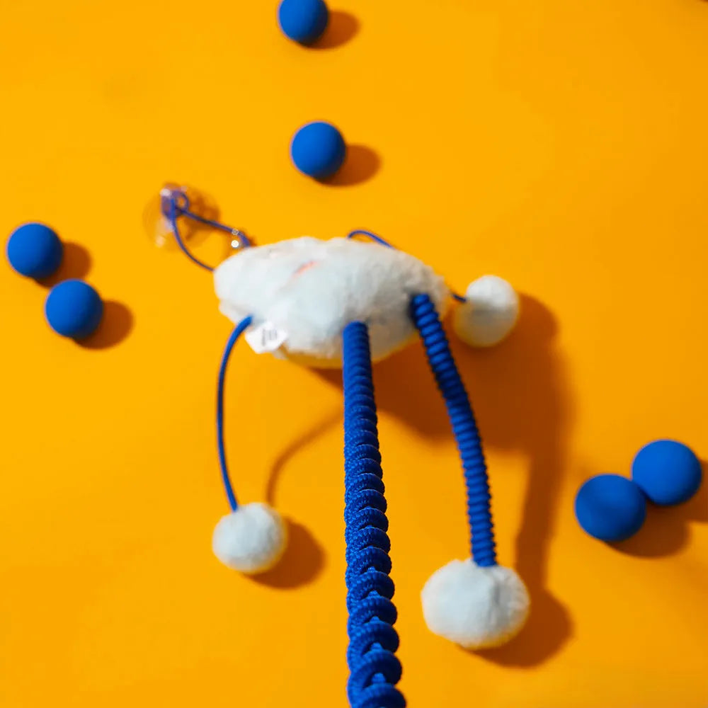 Blue telescopic elastic plush cat toy with a mint bell ring on a 30cm diameter loop.