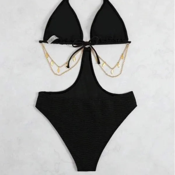 Women's black bikini swimsuit with chain strap design and halter neckline