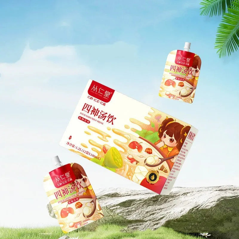 Box of children's spleen and stomach health tea with twelve 100ml bags containing lotus seed, poria and yam herbal decoction