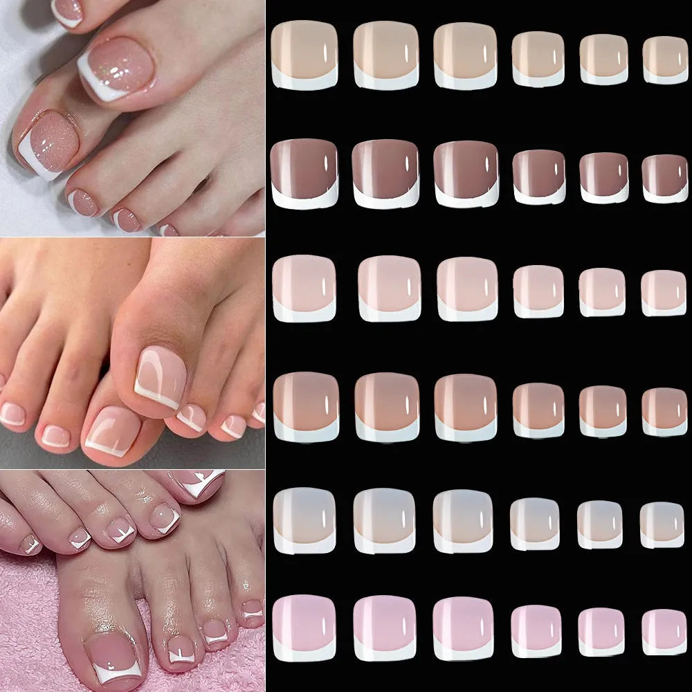 Box of 120 square short false nail pieces with French white edge design in nude colours