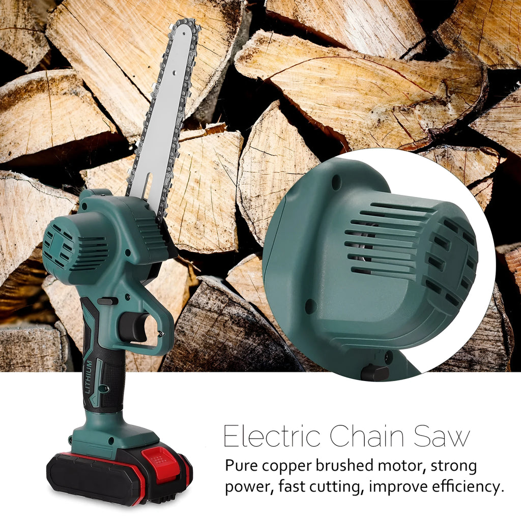 Black mini electric chainsaw with 4-inch guide bar held in one hand