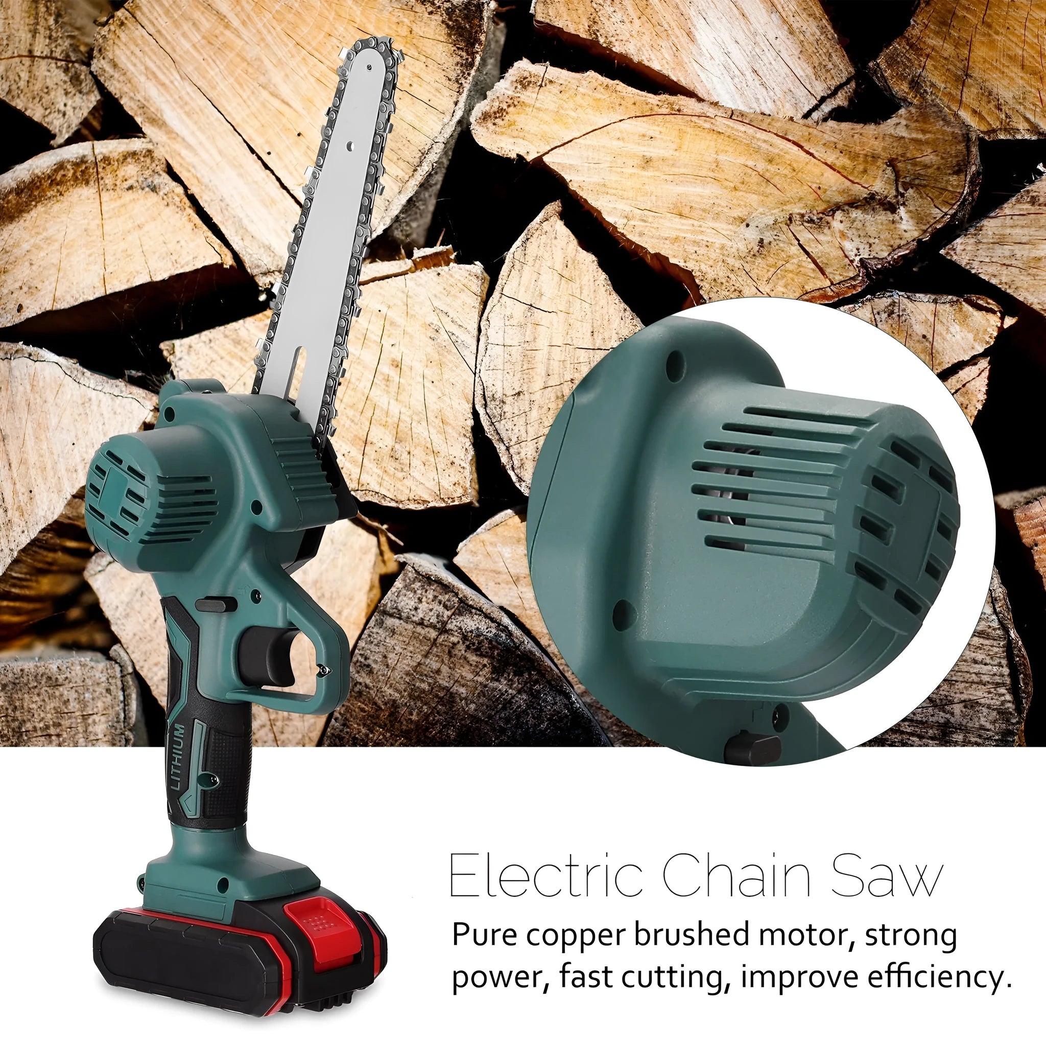 Black mini electric chainsaw with 4-inch guide bar held in one hand