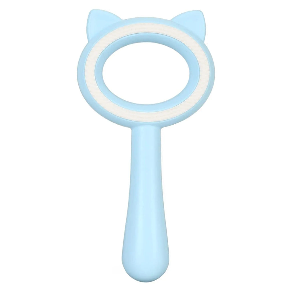 Blue and white dual-sided pet grooming brush with comfortable handle for cats and dogs