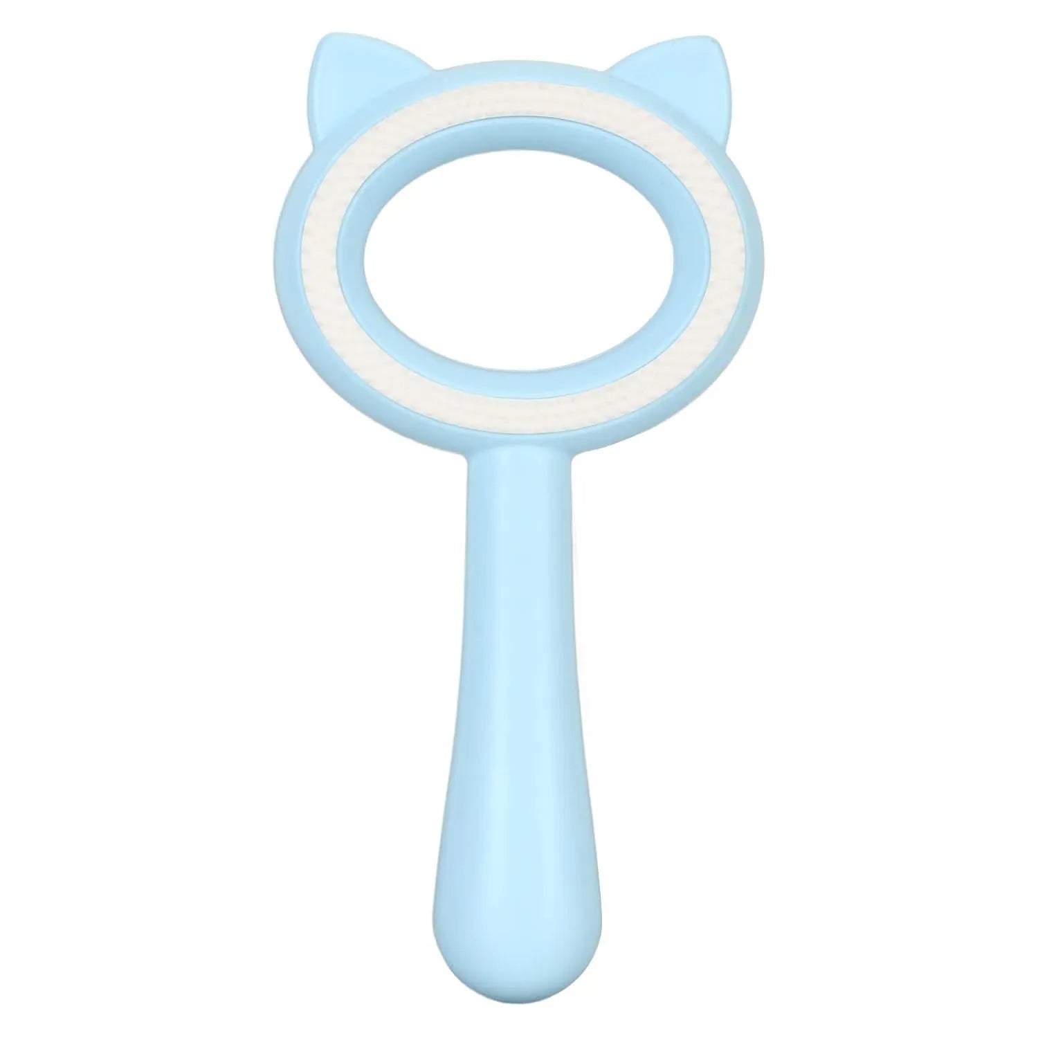 Blue and white dual-sided pet grooming brush with comfortable handle for cats and dogs