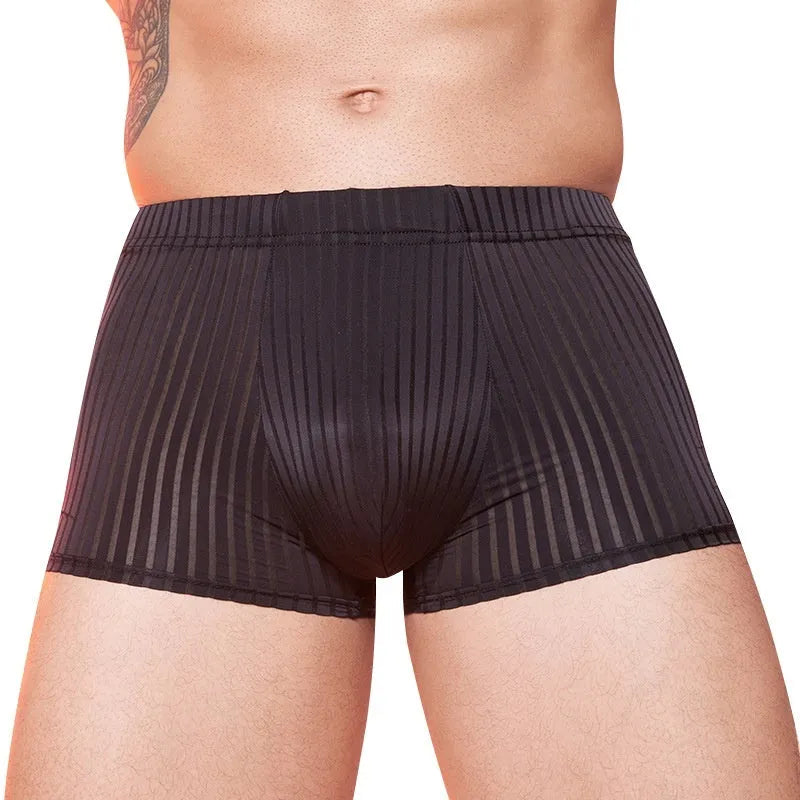 Men's striped underwear in thin transparent nylon fabric showing black, dark grey and white colour options