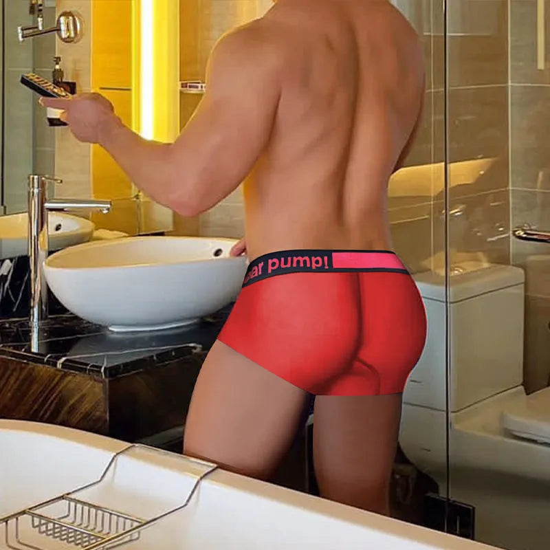 Men's low waist nylon underwear with gradient laser print in black, red, or white.