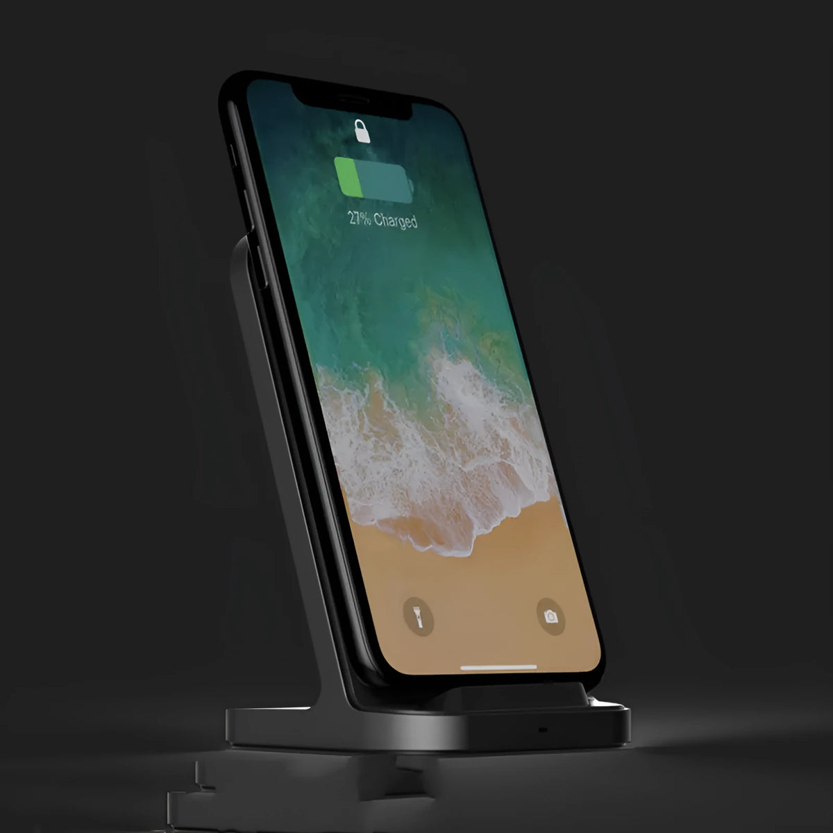 Dark grey vertical wireless charger for Apple smartphones with 70mm square base
